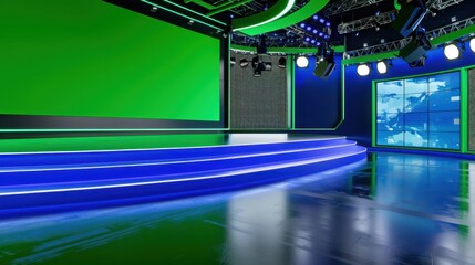 Fototapeta premium Professional Multimedia Studio Setup with Green Screen and Dynamic Lighting for Broadcast Production
