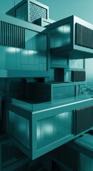 Complex geometric building facade features contrasting textures and cantilevered volumes