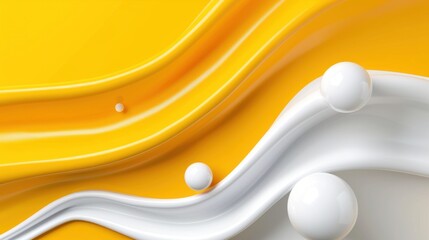 Abstract design of yellow and white waves with spheres creating a dynamic and modern background for creative projects