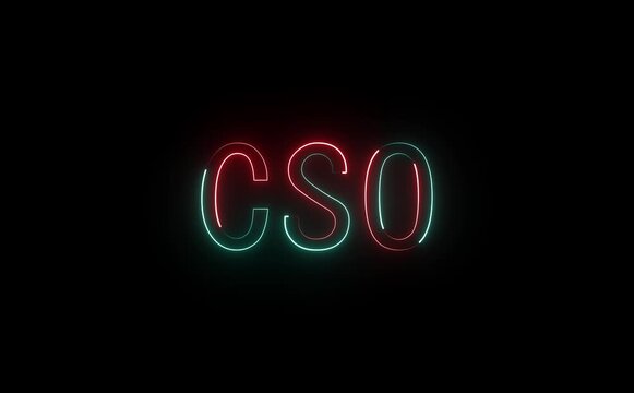 Glowing neon CSO text pulses confidently, shield, chart, and network icons animate, cyber flickers suggest leadership, security, oversight, strategy, and futuristic executive control systems globally.