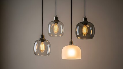 Fototapeta premium Modern interior lighting and home decor design. Group of hanging glass pendant lamps. Minimalist ceiling lights with warm glowing bulbs against a neutral wall