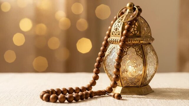 A beautifully crafted, ornate metallic lantern stands gracefully, casting a warm, inviting glow from within its intricately patterned surface. A strand of smooth, round wooden beads is elegantly drape