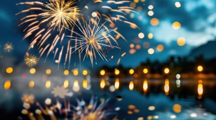 Obraz premium Colorful Fireworks Display Over Calm Water at Night with Bokeh Lights in the Background