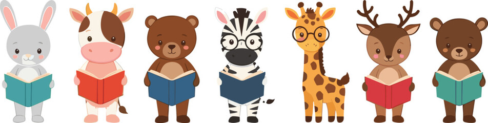 Fototapeta premium Cute cartoon animal characters reading books illustration set with rabbit, bear, zebra, giraffe and deer, kids education collection
