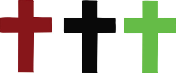 Obraz premium Three-color cross icon set with red, black, and green symbols for graphic, symbolic, and directional design content