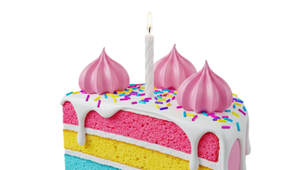 Slice of layered rainbow cake with pink frosting swirls and a candle