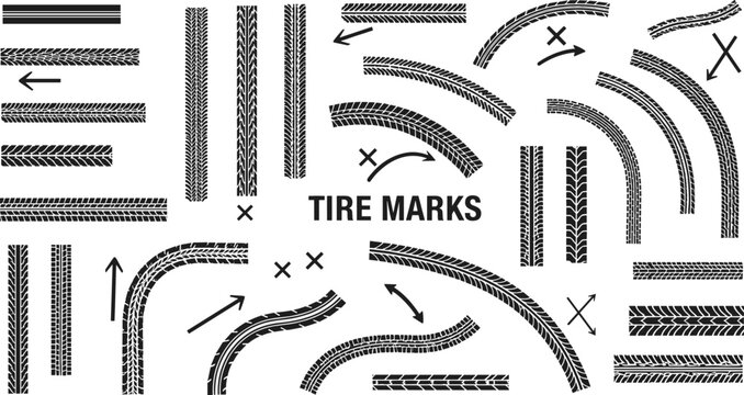 Tire mark icon set with directional arrows and tread patterns for automotive, forensic, and motion design content