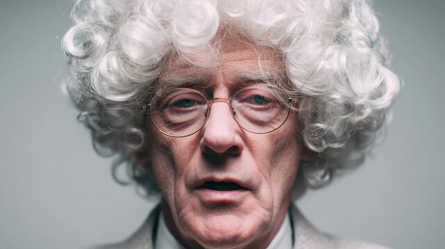 Man with curly white hair wearing glasses stands in front of a plain background showing a serious expression during a photo session