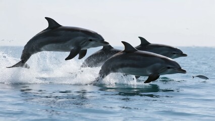 Fototapeta premium Dolphins leaping out of the ocean in a synchronized group jump