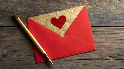 Red envelope with gold interior and heart motif on rustic wooden table, styled as romantic stationery with copy space for messages.