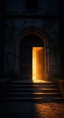 Obraz premium Ancient stone doorway opens to reveal a brilliant golden light spilling down worn steps at night
