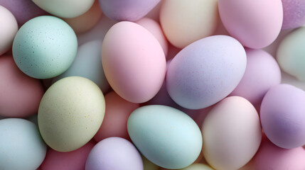 Close up view of pastel colored eggs with speckled shells arranged tightly, creating a soft seasonal and festive background.