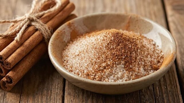 A captivating close-up presents a rustic culinary scene, showcasing essential baking ingredients. A textured ceramic bowl holds a delightful blend of sparkling granulated sugar and rich, aromatic grou