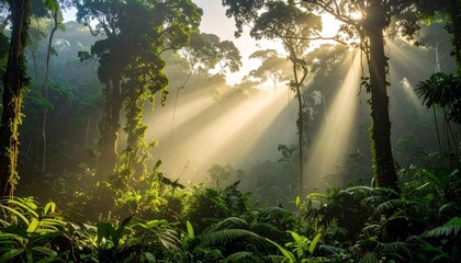 Sunlight streams through a lush rainforest canopy, illuminating dense foliage