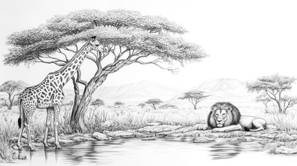 Giraffe and Lion in African Savanna Landscape Drawing