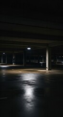 Interior view of an empty underground parking structure illuminated by overhead lights