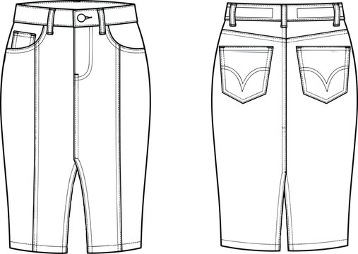 Technical flat sketch of denim pencil skirt with front and back views, detailed seams, pockets, belt loops, and hem slits