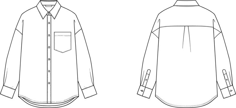 Technical fashion sketch of long-sleeve button-up shirt with collar, chest pocket, yoke, box pleat&mdash;front and back views.