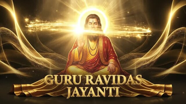 Golden digital illustration of guru ravidas radiating light, celebrating the spiritual guru ravidas jayanti.