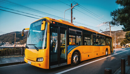 Naklejka premium 江ノ電バスの車両外観と美しい青空 神奈川県 鎌倉・藤沢エリアの公共交通