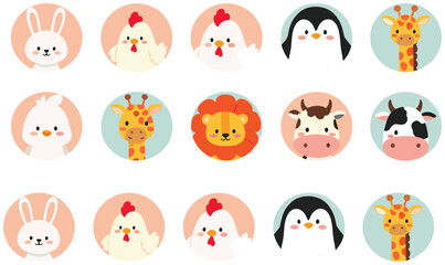 Cute farm and zoo animal avatar icon set including rabbit, chicken, penguin, giraffe, lion and cow in flat cartoon style
