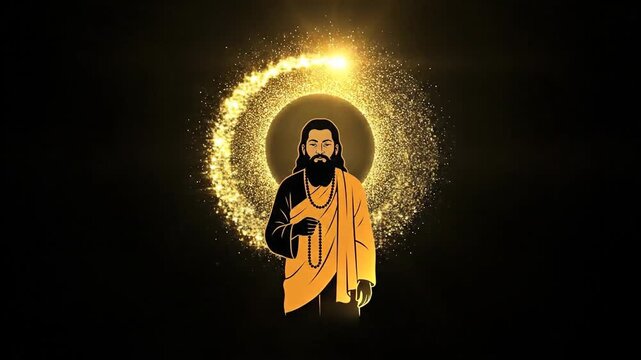 A stylized vector illustration of saint ravidas holding prayer beads, surrounded by a golden particle effect on a dark background, evoking a spiritual mood.