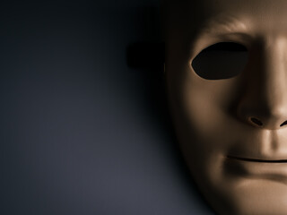 Creepy half-face mask in shadow, symbolizing online scam, fraud, identity concealment, and hidden social threats. Perfect for cybersecurity, deception awareness concept, and dark psychology themes.