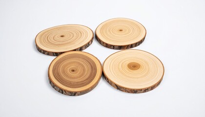 Four round, wood slices with visible growth rings, against a plain white background