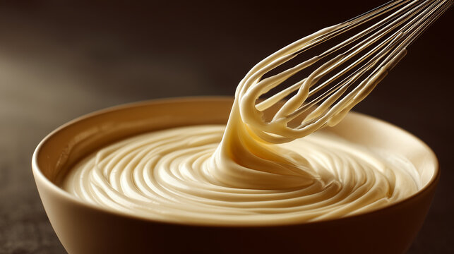 Smooth cream batter mixing close up