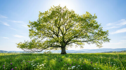 Fototapeta premium Majestic tree standing alone in a lush green meadow under a bright blue sky with sunlight filtering through its leaves from a high viewpoint