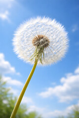 Naklejka premium White dandelion clock viewed from below against sky