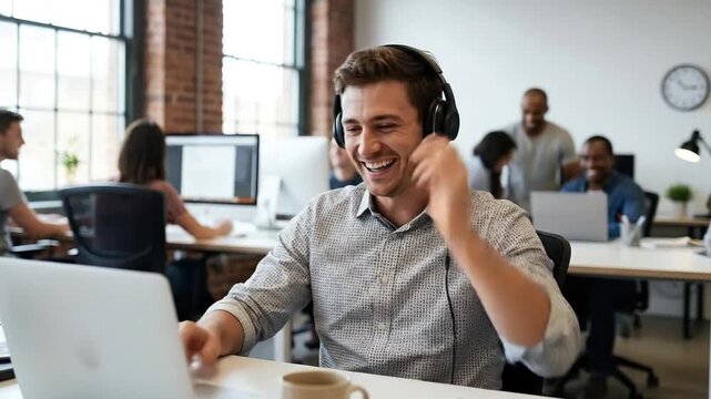 A cheerful young adult man, wearing headphones and displaying a wide, genuine smile, is actively engaged with his laptop in a bright, modern open-plan office environment. Blurred diverse colleagues ar