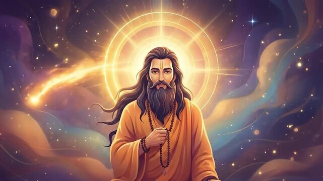 A spiritual digital illustration of guru ravidas in saffron robes radiating golden light across a vibrant cosmic nebula.