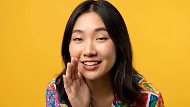 A cheerful young Asian woman winks playfully at the camera, bringing a finger to her lips in a "shhh" gesture, then cups her ear as if intently listening or inviting confidential communication. Her ex