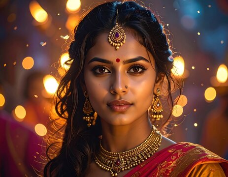 Portrait of a woman with ornate gold jewelry, bindi, and a decorative headpiece. Soft bokeh of lights. Warm glow