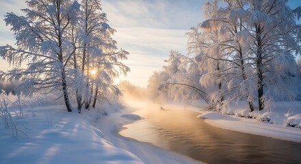 Sunlight illuminates mist rising above a flowing river bordered by frost covered trees in a winter landscape.
