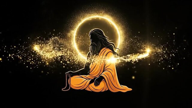 A stylized illustration of guru ravidas seated in meditation, surrounded by a spiritual golden glow on a dark background for ravidas jayanti.