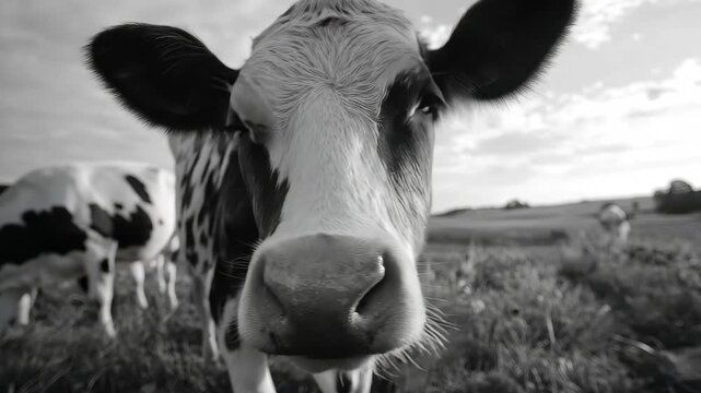 Cow stands in a field with other cows nearby on a sunny day in the countryside during late afternoon