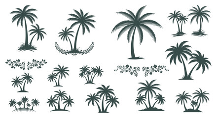 Diverse collection of black palm tree silhouettes and tropical plant arrangements for coastal and beach themed graphic design.