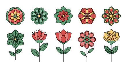 Symmetrical flower icons in vibrant red, green, and yellow hues with varying petal arrangements and leafy stem bases.