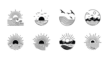 Minimalist circular line art scenes of ocean waves, sunrises, mountains, and flying seagulls for simple landscape branding.