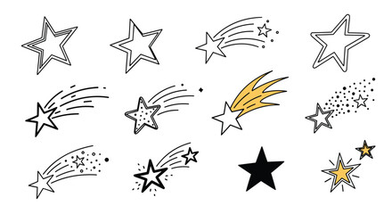 Hand-drawn shooting star and comet doodles in black and yellow for playful celestial themes and whimsical graphic compositions.