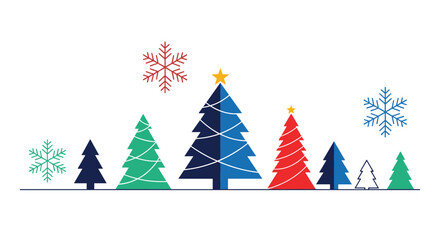 Row of colorful stylized Christmas trees and decorative snowflakes in a vibrant modern palette for holiday border decorations.