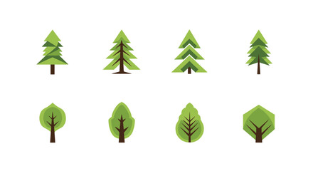 Geometric tree and leaf icons in shades of green featuring various canopy shapes like triangles, circles, and hexagons.