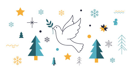 Festive collection of winter holiday and peace symbols featuring a central dove with olive branch, Christmas trees, and colorful snowflakes.