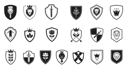 Diverse set of heraldic shields and crests featuring symbols like lions, swords, crowns, and floral emblems for royal branding.
