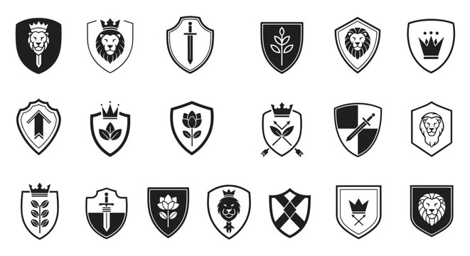 Diverse set of heraldic shields and crests featuring symbols like lions, swords, crowns, and floral emblems for royal branding.