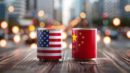 Containers with United States and China flags representing trade tariffs, economic policy conflict, international trade tension, and global commerce issues.