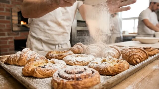 A close-up shot captures an artisan baker's hands delicately sifting a fine dusting of powdered sugar over a warm tray of freshly baked, golden pastries. The inviting assortment includes flaky croissa