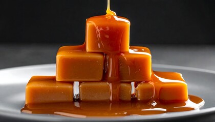 Delicious caramel candies are stacked on a white plate with caramel sauce being poured over them.